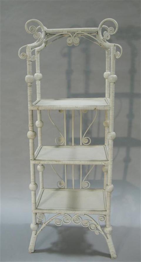 Appraisal: VICTORIAN STYLE WHITE WICKER ETAGERE SHELF h w d in