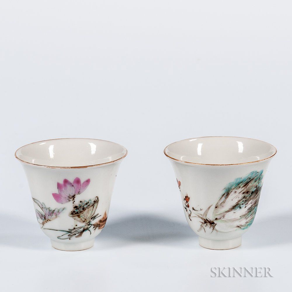 Appraisal: Pair of Enameled White Porcelain Cups Pair of Enameled White