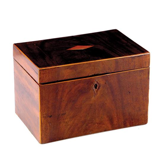 Appraisal: English inlaid mahogany tea caddy circa rectangular hinged lid opening