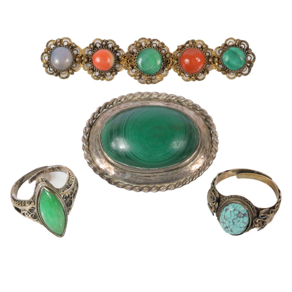 Appraisal: ESTATE PC MALACHITE OVAL CABOCHON IN ROPING SILVER MOUNT RINGS