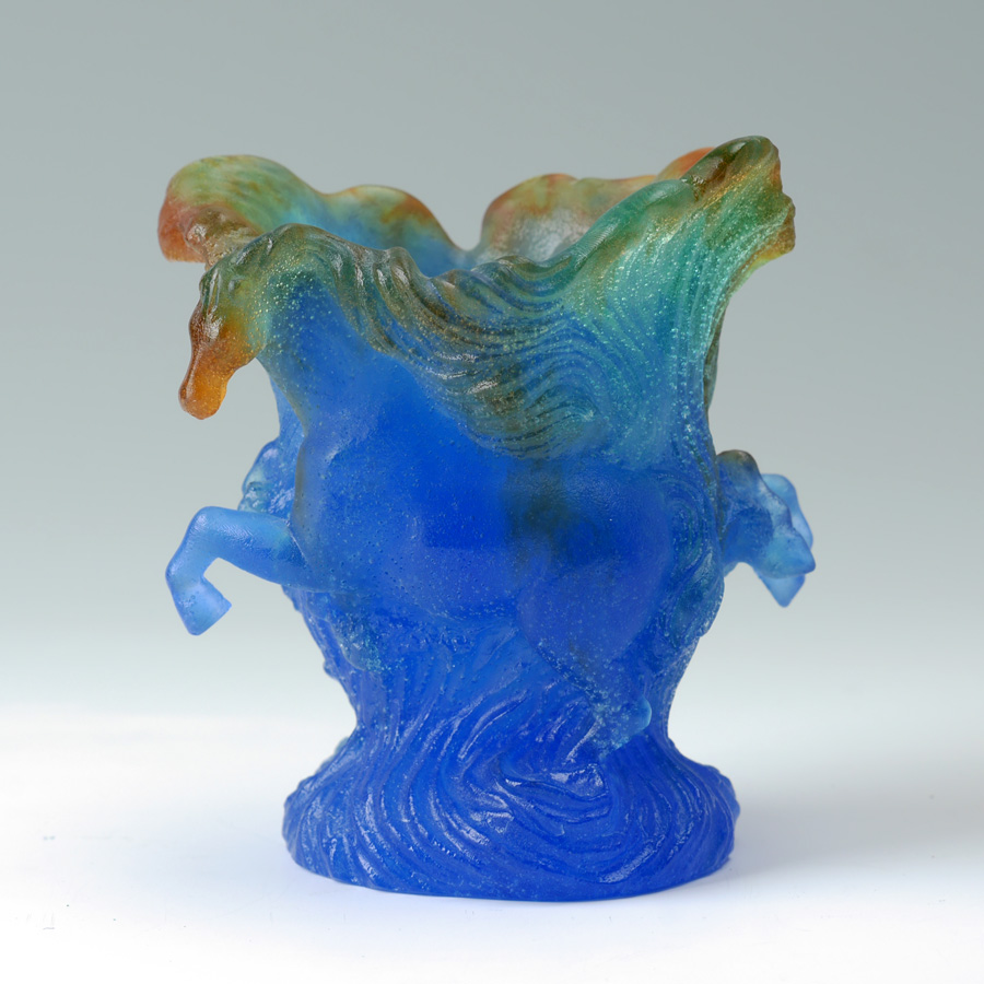 Appraisal: DAUM PATE DE VERRE FIGURAL HORSES VASE Blue and amber