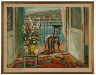 Appraisal: Alois Lecoque Still life with flowers and a chair overlooking