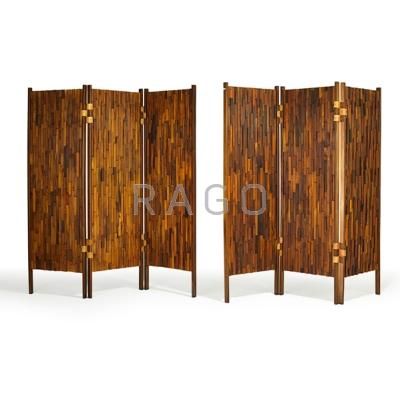 Appraisal: BRAZILIAN Pair of three-paneled screens s Mixed hardwoods masonite leather