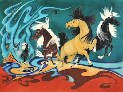 Appraisal: Futuristic Pastel of Horses ca Mid th Century Four horses