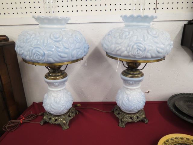 Appraisal: Pair of Art Glass Lamps blue florals glossy matching shades