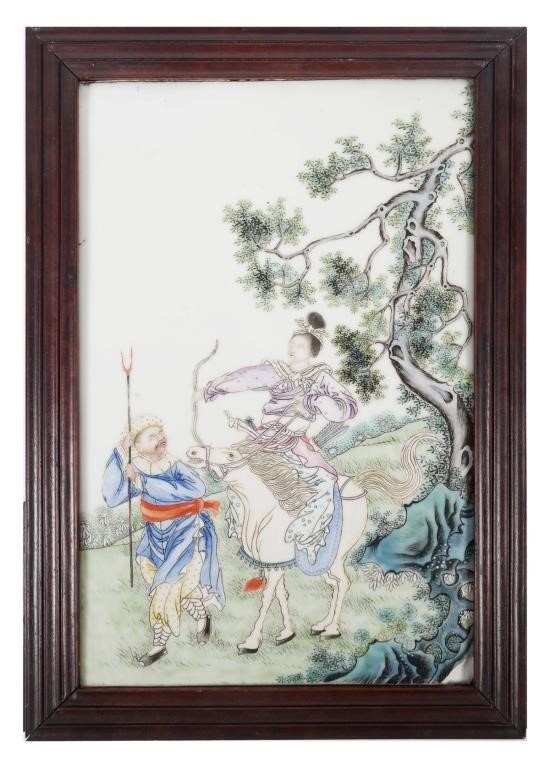 Appraisal: Qing Era Chinese hand painted porcelain celadon plaque showing a