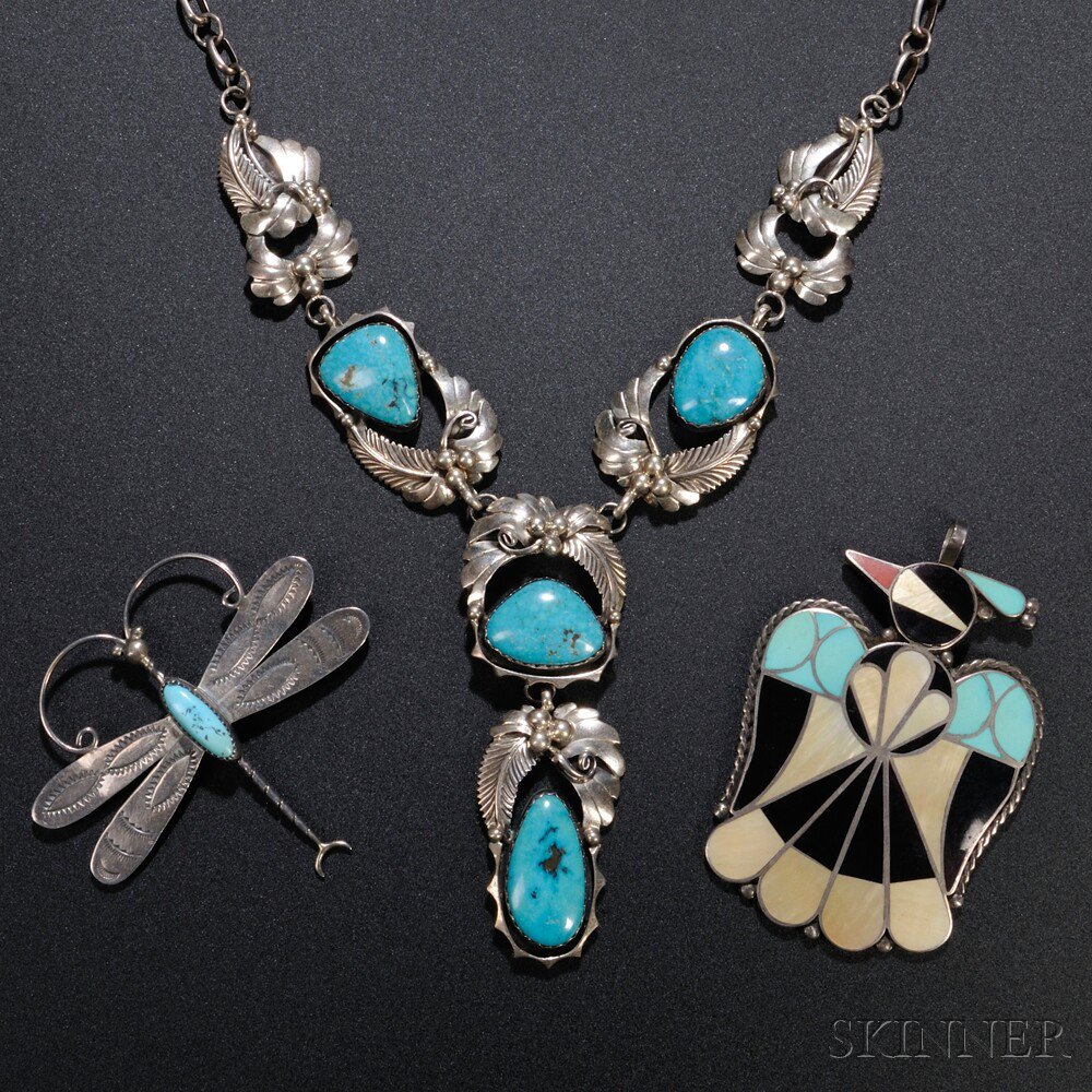 Appraisal: Three Southwest Jewelry Items a Zuni inlaid bird pendant a