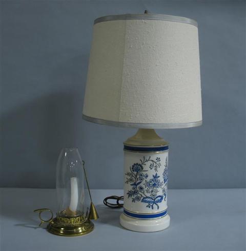 Appraisal: BRASS AND GLASS CHAMBERSTICK LAMP The first with glass shade