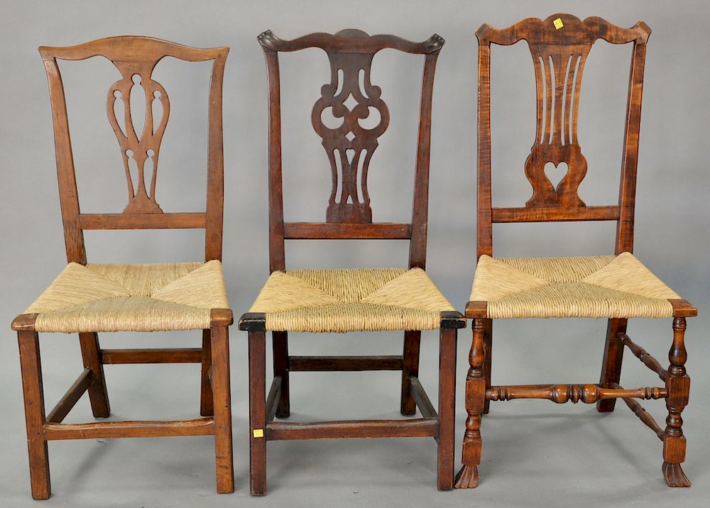 Appraisal: Three early rush seat chairs two Chippendale and one Queen