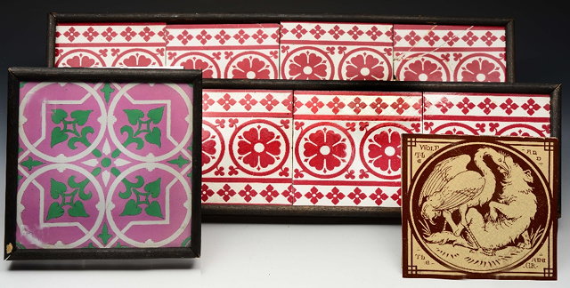 Appraisal: EIGHT MINTON RED AND WHITE TILES with flower head motif