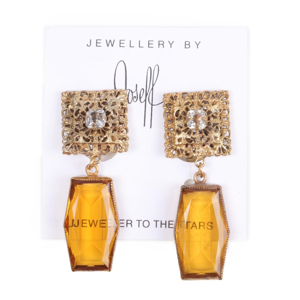 Appraisal: JOSEFF OF HOLLYWOOD SQUARE FILIGREE EARRINGS WITH RHINESTONE AND DANGLING