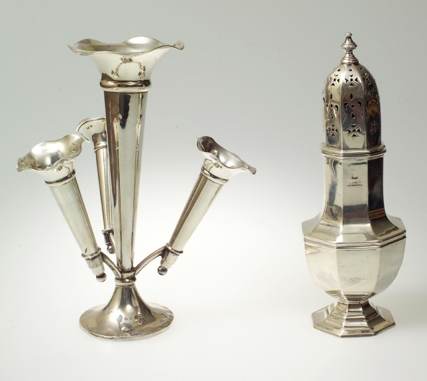 Appraisal: EDWARDIAN SILVER EPERGNE BIRMINGHAM the central trumpet surrounded by three