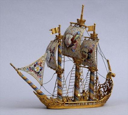 Appraisal: VIENNESE ENAMEL AND GILT BRONZE THREE-MASTED SHIP DECK In full