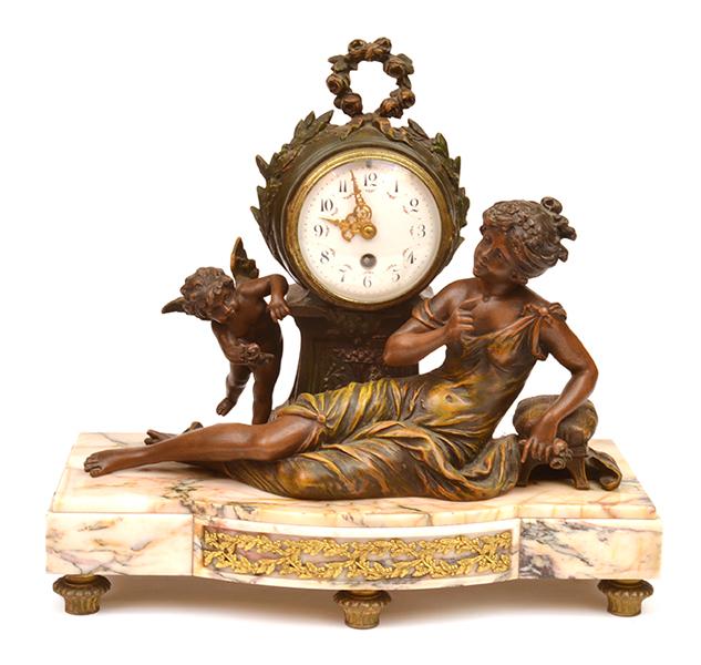 Appraisal: FRENCH BRONZE AND MARBLE MOUNTED MANTLE CLOCK WITH FLORAL DECORATED