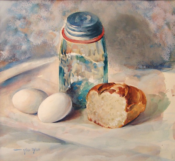 Appraisal: Still life with eggs bread and mason jar watercolor x