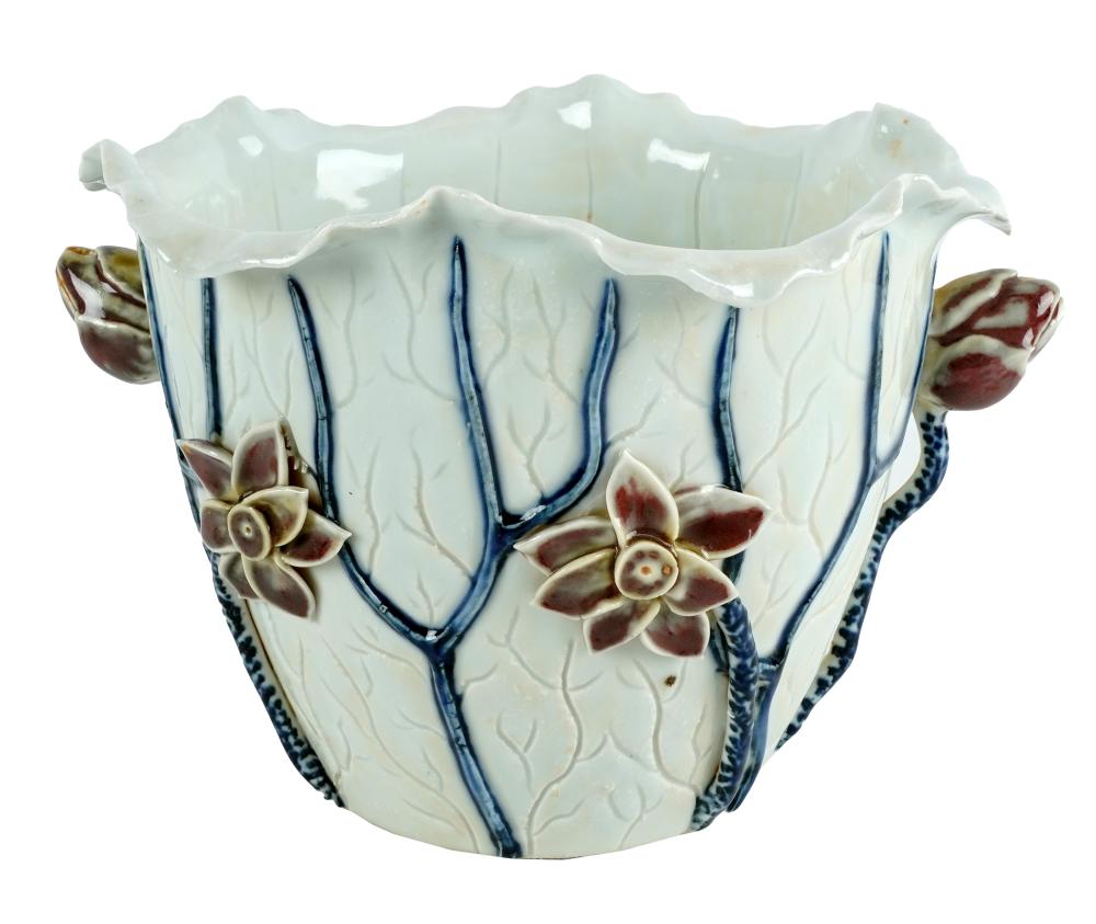 Appraisal: CHINESE GLAZED CERAMIC FLORAL VASEunsigned with molded blossoms and stems