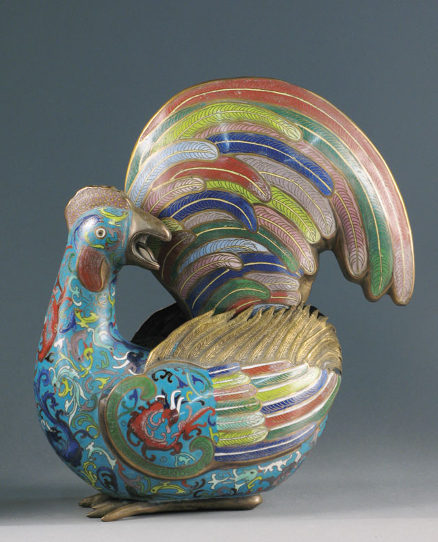 Appraisal: CHINESE CHAMPLEVE ENAMELED STYLIZED ROOSTER Head turned the curvaceous tail