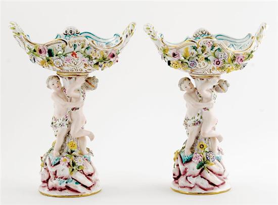 Appraisal: Pair Continental ceramic compotes reticulated basket supported by embraced figures