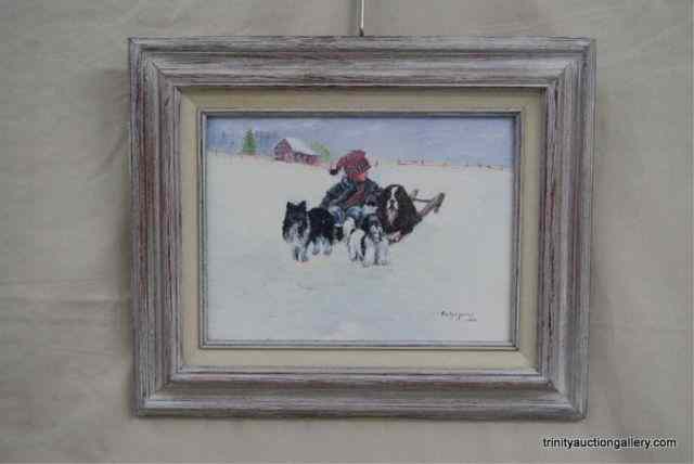 Appraisal: Oil Painting on Canvas Boy w Dogs in SnowPainted and