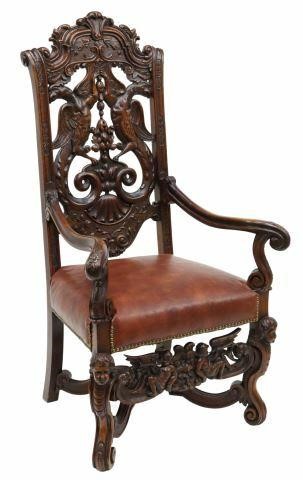 Appraisal: Renaissance Revival walnut armchair heavily carved with beast and trumpeting