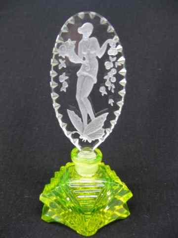 Appraisal: Czechoslovakia Cut Crystal Perfume Bottle vaseline base intaglio of maiden