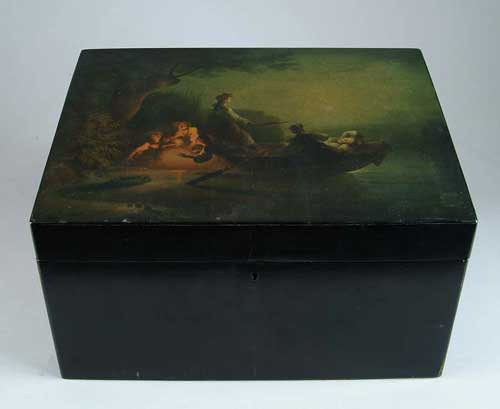 Appraisal: FINE DECORATED RUSSIAN LACQUERWARE BOX Top paint decorated with scene