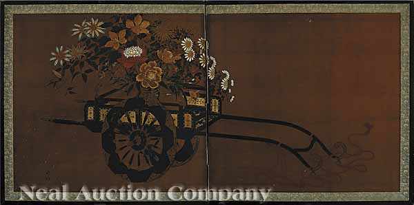 Appraisal: Japanese School Meiji Period - Flower Cart two panel screen