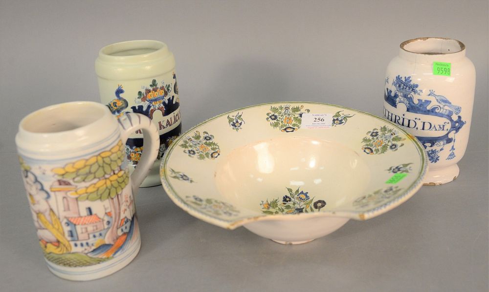 Appraisal: Four Delft pieces to include two polychrome Delft dry drug