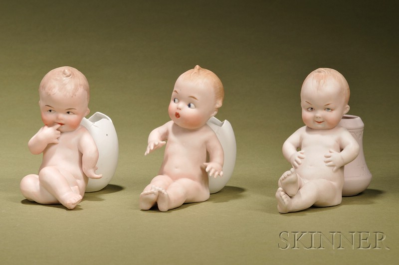 Appraisal: Three Heubach Position Babies with Vases Germany c tinted bisque