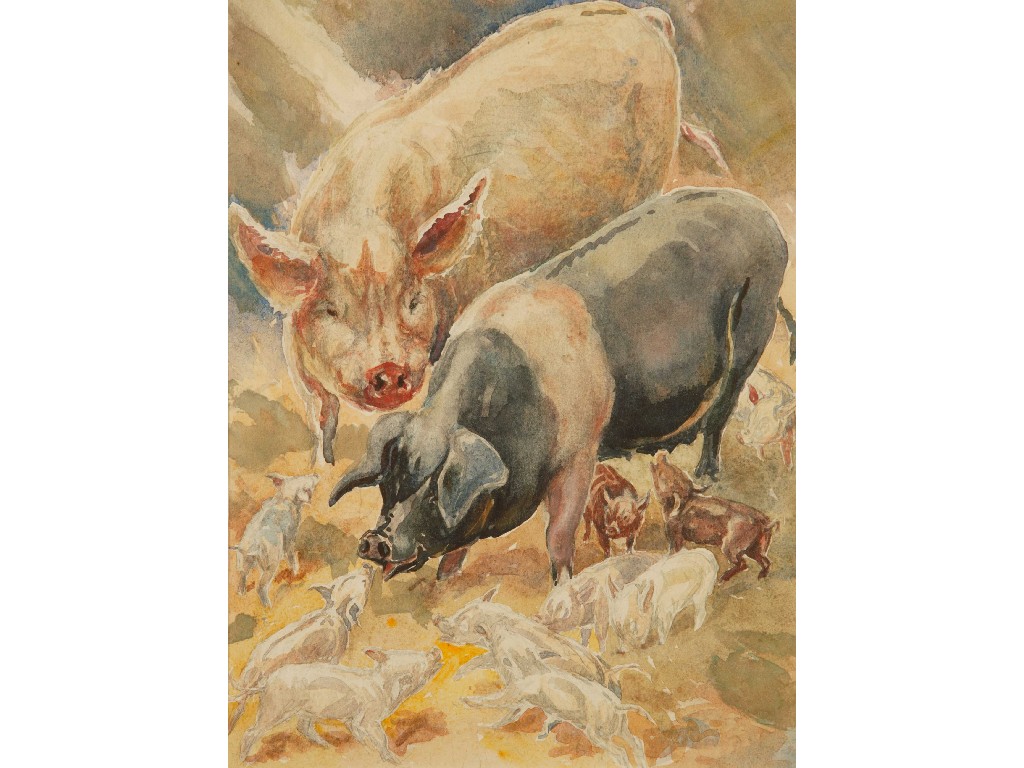 Appraisal: English School th century Two pigs and piglets watercolour x