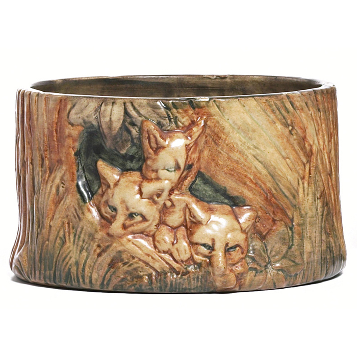 Appraisal: Weller Woodcraft vase broad cylindrical form with foxes in relief