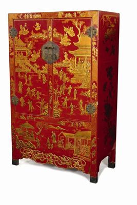 Appraisal: A Chinese red lacquer and bronze mounted cabinet decorated figures