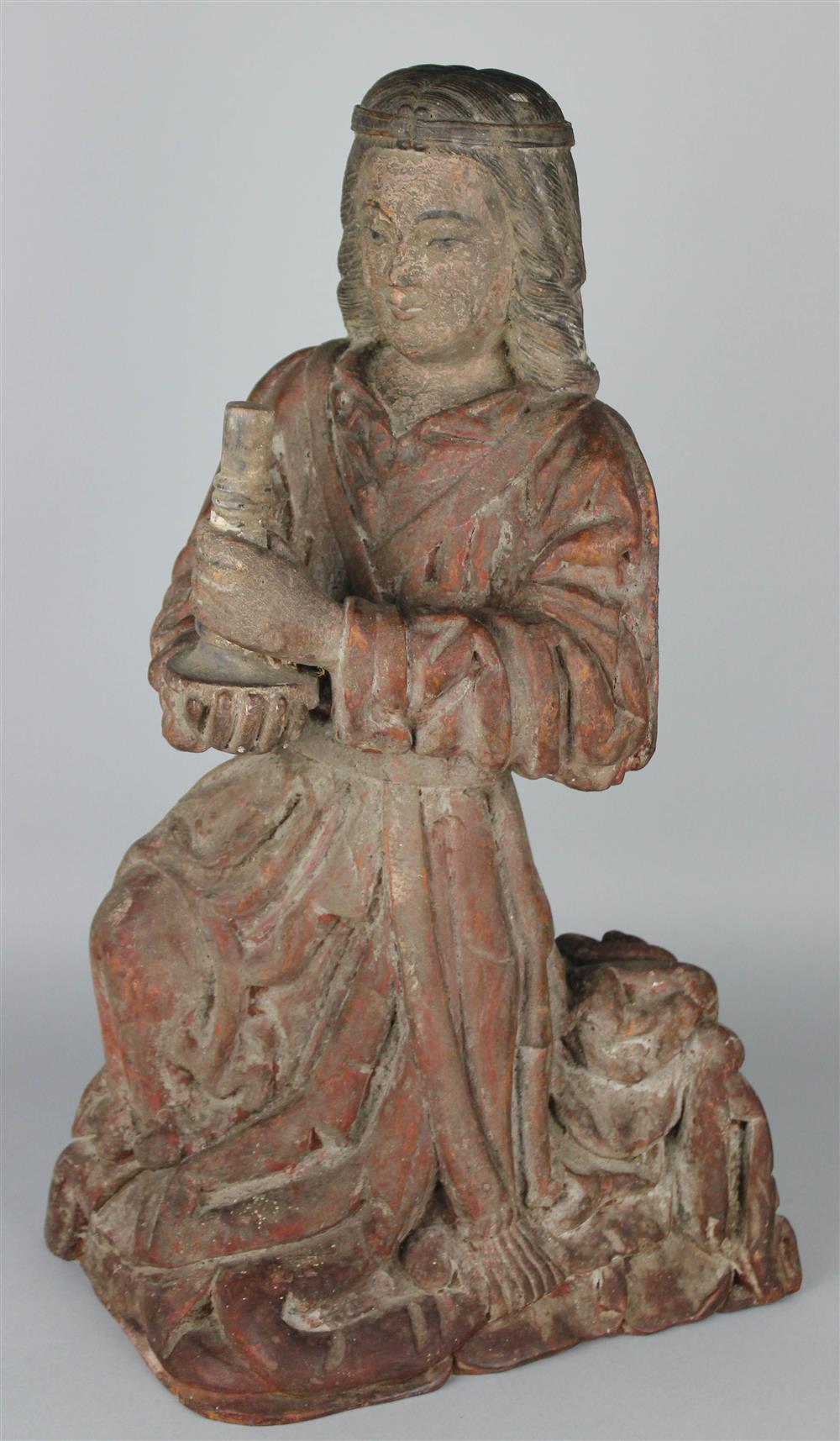 Appraisal: POLYCHROME WOOD FIGURE OF A KNEELING ANGEL PROBABLY FRENCH TH