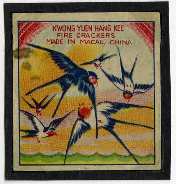 Appraisal: Swallows Firecracker Label Manufactured by Kwong Yuen Hang Kee Condition