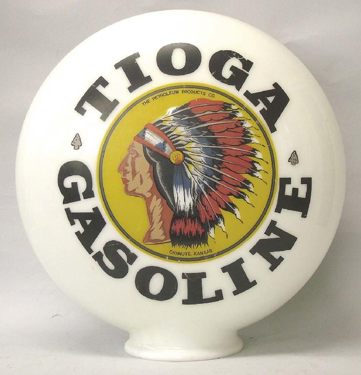 Appraisal: Tioga Gasolene' advertising ovoid opaque glass shade printed with the