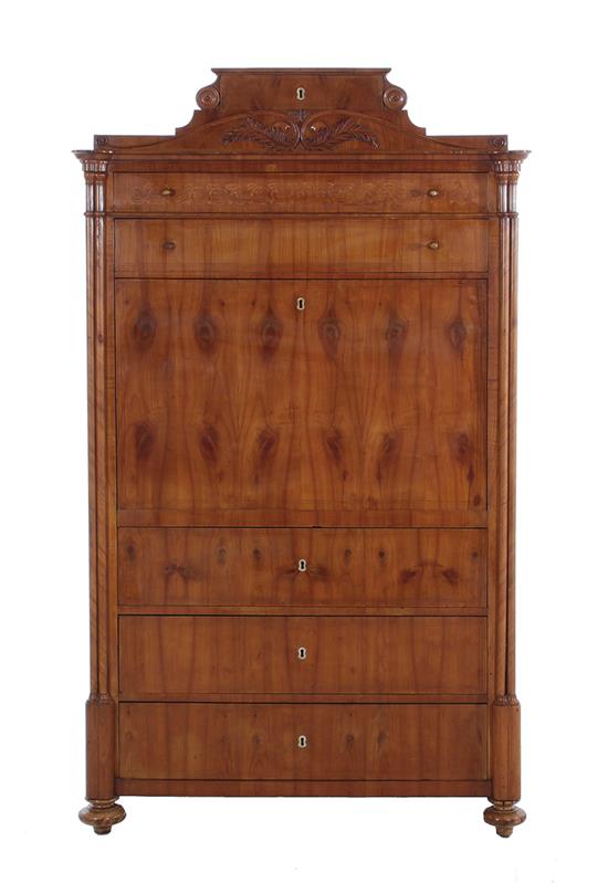 Appraisal: Biedermeier inlaid birch secretaire a abattant circa carved pediment centering