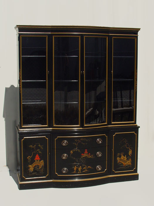 Appraisal: DREXEL CHINOISERIE BLACK CHINA CABINET Bowed center Two shelves are