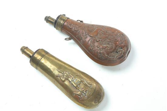 Appraisal: TWO POWDER FLASKS France and America th century Copper example