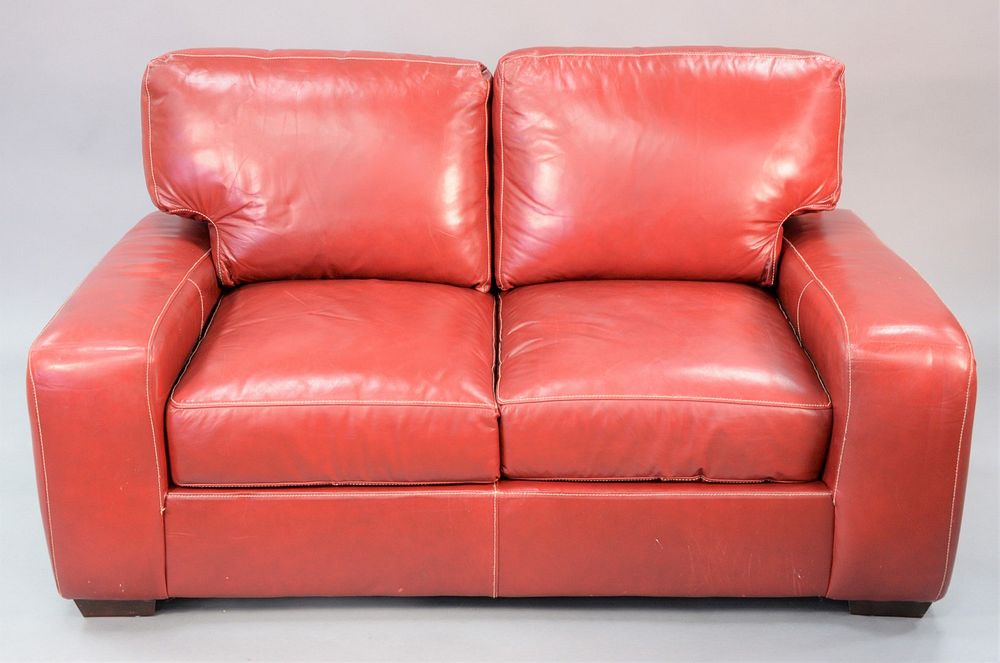 Appraisal: Red leather loveseat ht wd dp Red leather loveseat ht