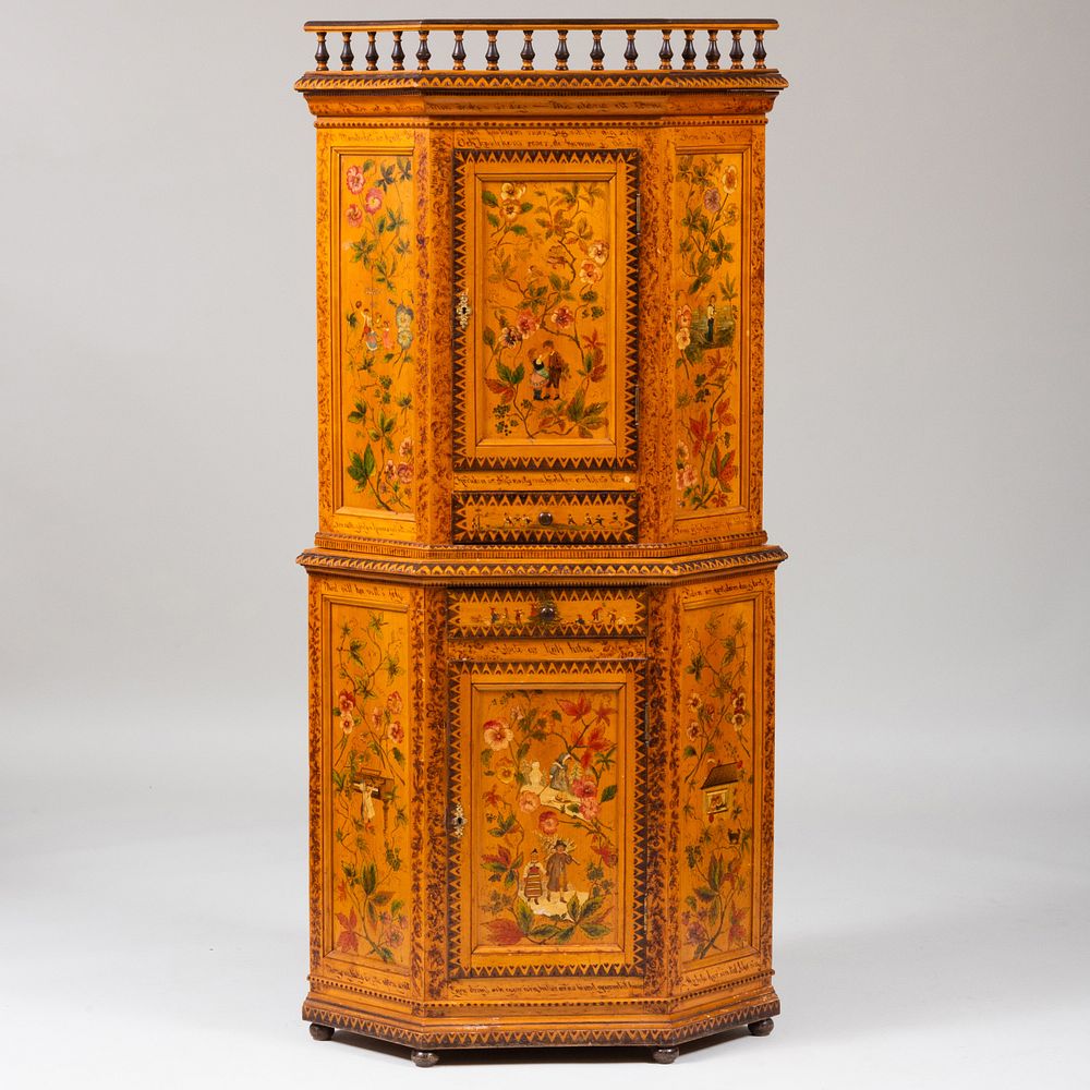 Appraisal: German Provincial Paint Decorated Corner Cupboard With incised decoration and