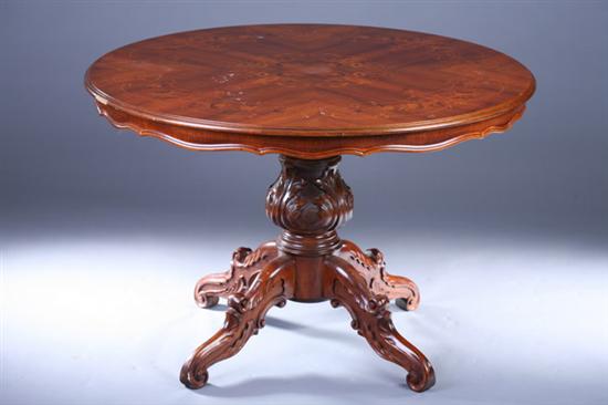 Appraisal: CONTINENTAL STYLE CIRCULAR PEDESTAL-BASE DINING TABLE th Century Marquetry inlaid