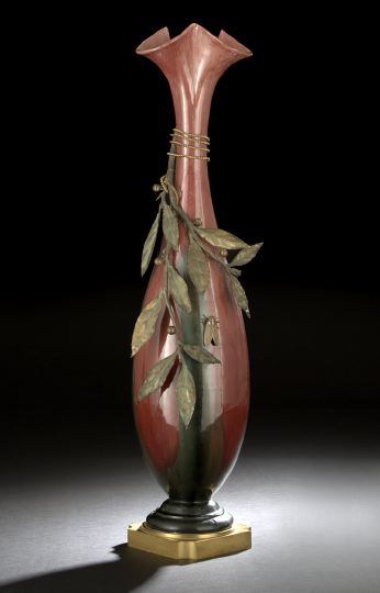 Appraisal: Fine Monumental French Flambe-Glazed Terra Cotta Vase the patinated gilt-bronze-mounted