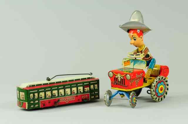 Appraisal: RODEO JOE AND RAPID TRANSIT TOY Lithographed tin lot includes