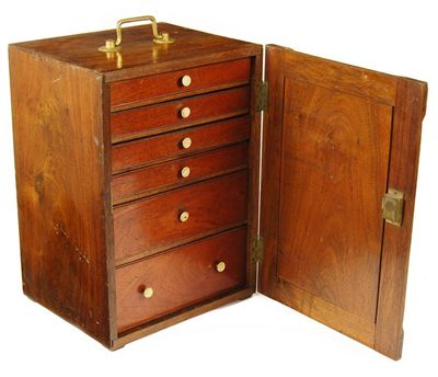 Appraisal: A late Victorian walnut cabinet with a brass carrying handle