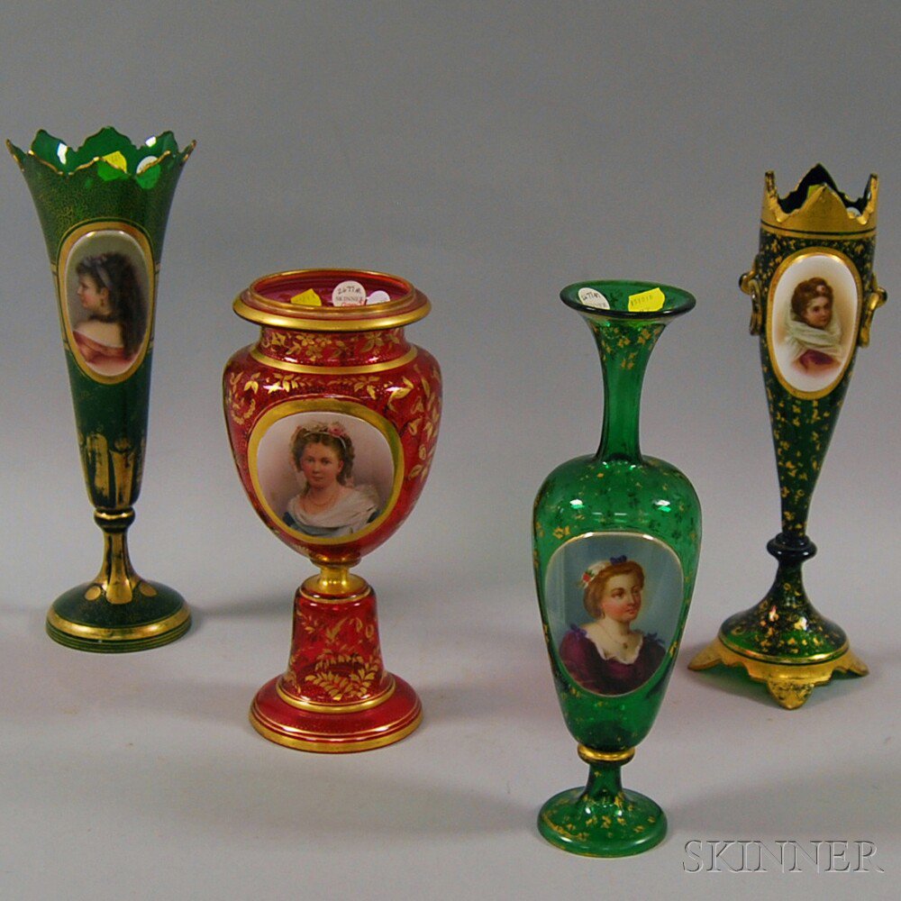 Appraisal: Three Bohemian Green Glass Portrait Vases and Bohemian Red Glass