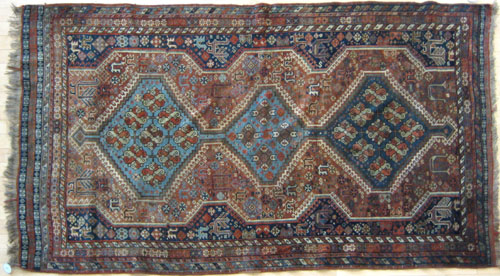 Appraisal: Shiraz rug ca with three blue medallions and multiple border