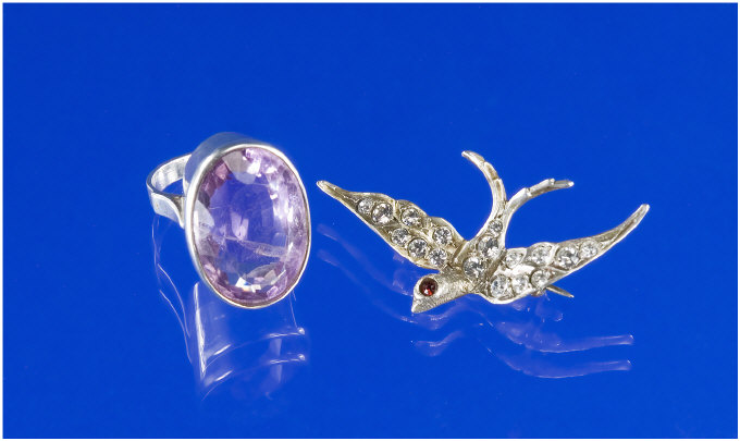 Appraisal: Silver and Large Amethyst Ring plus Swallow Brooch Clear and