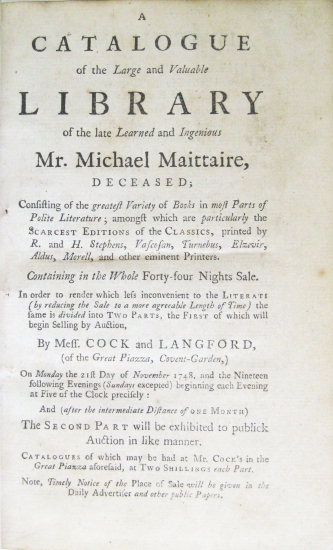 Appraisal: MAITTAIRE MICHAEL A Catalogue of the Large and Valuable Library