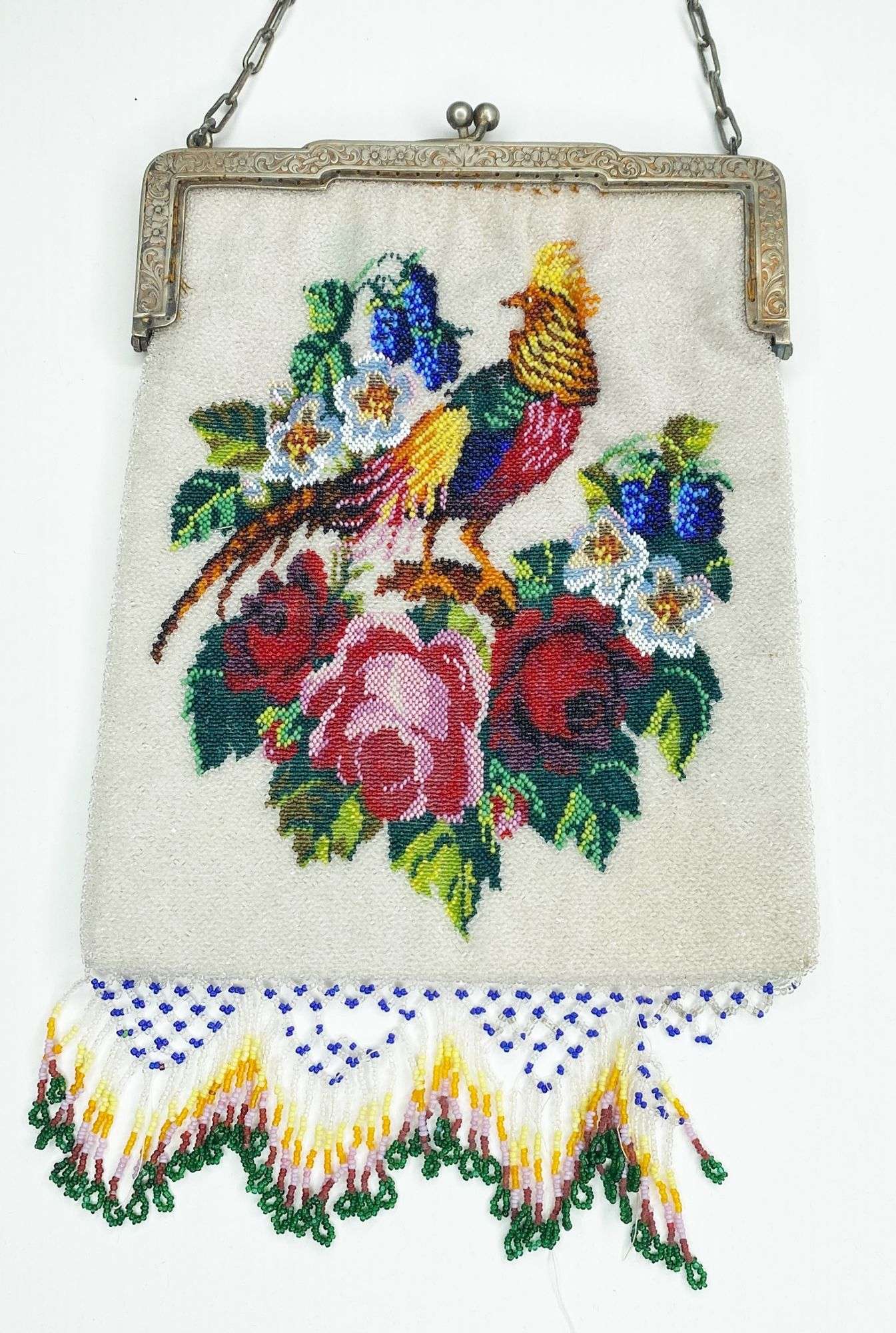 Appraisal: Micro Beaded Hand Bag with Flowers and Bird of Paradise