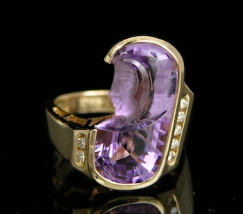 Appraisal: A Carved Amethyst and Diamond Ring k yellow gold custom